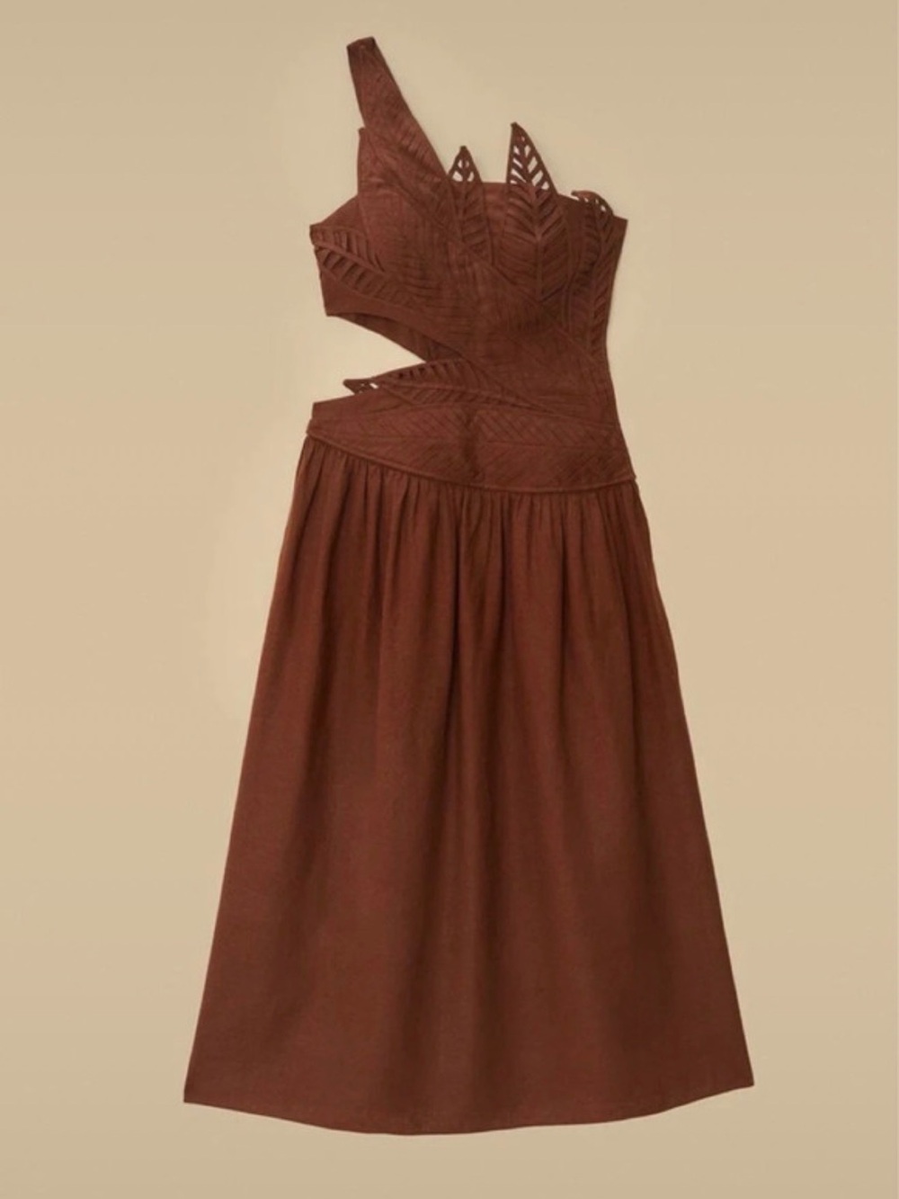 FARM Rio One-Shoulder Cutout Midi Dress in Chestnut Brown